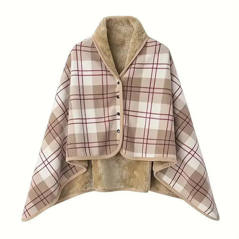 Rosalie | Women's Buttoned Wrap Shawl - Size:31.5*53.15 inch;Color:Brown Grid