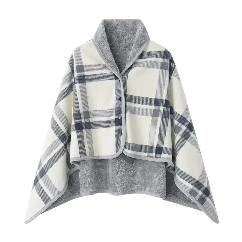 Rosalie | Women's Buttoned Wrap Shawl - Size:31.5*53.15 inch;Color:Gray Grid