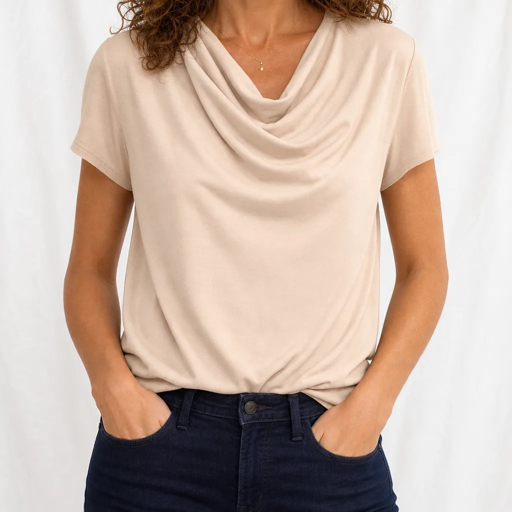 Rosalind | Womens Cowl Neck Draped Shirt - Color:Beige;Size:XS