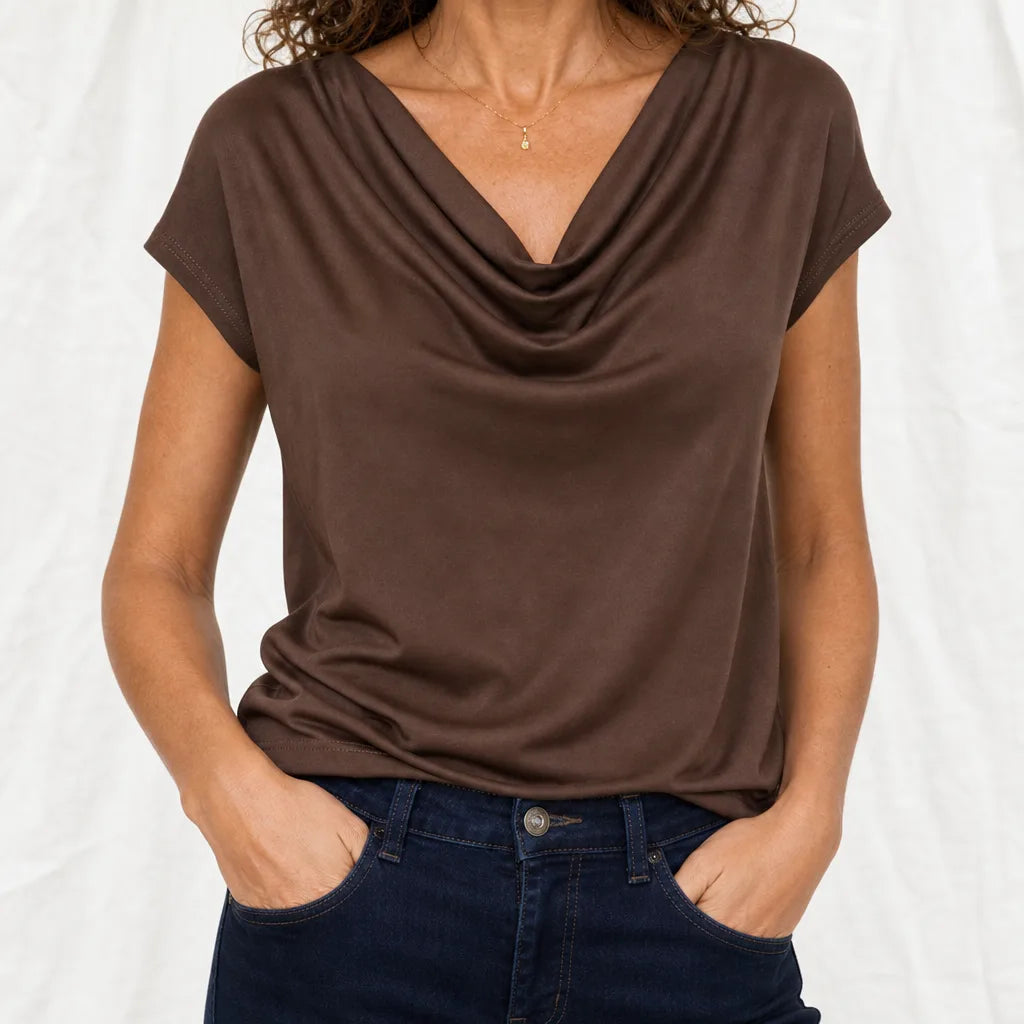 Rosalind | Womens Cowl Neck Draped Shirt - Color:Brown;Size:XS