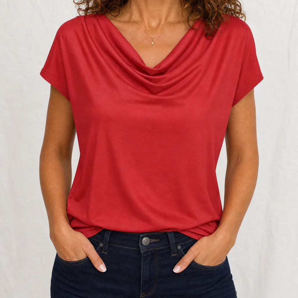 Rosalind | Womens Cowl Neck Draped Shirt - Color:Red;Size:XS
