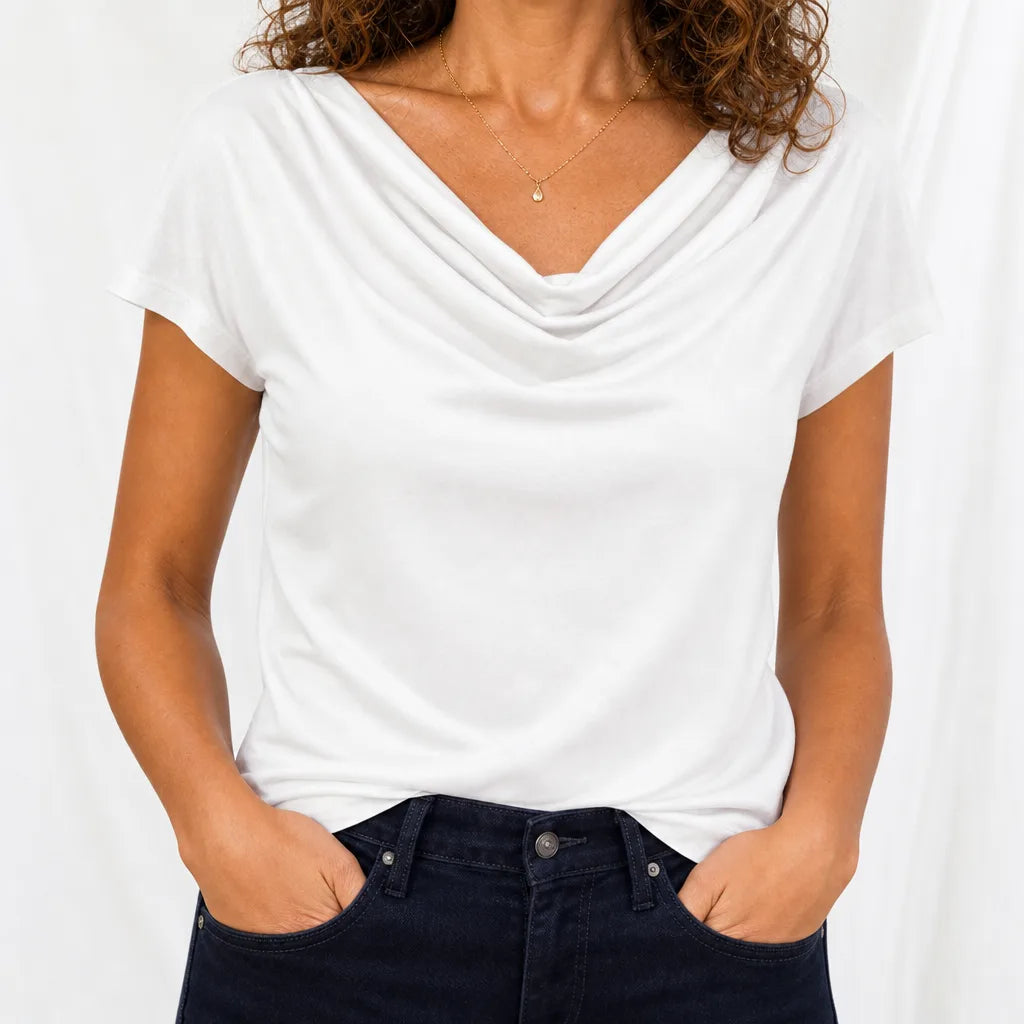 Rosalind | Womens Cowl Neck Draped Shirt - Color:White;Size:XS
