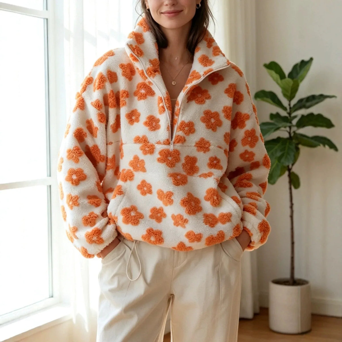 Ruby | Women's Quarter Zip Jumper - Color:Orange White;Size:XS