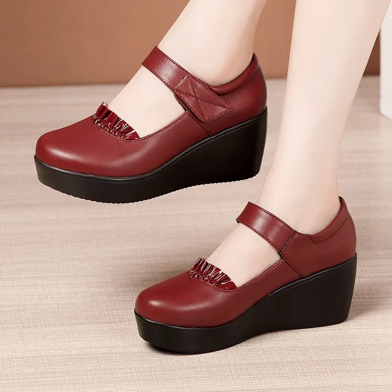Rutledge | Women's Orthopedic Wedge Mary Jane Shoes - Color:Burgundy;Size:35