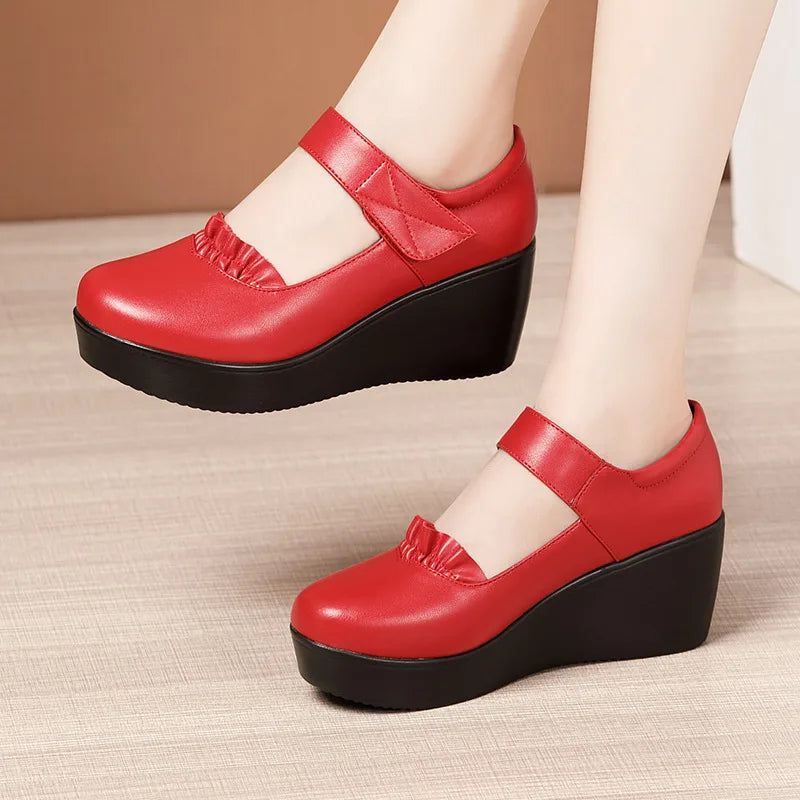 Rutledge | Women's Orthopedic Wedge Mary Jane Shoes - Color:Red;Size:35