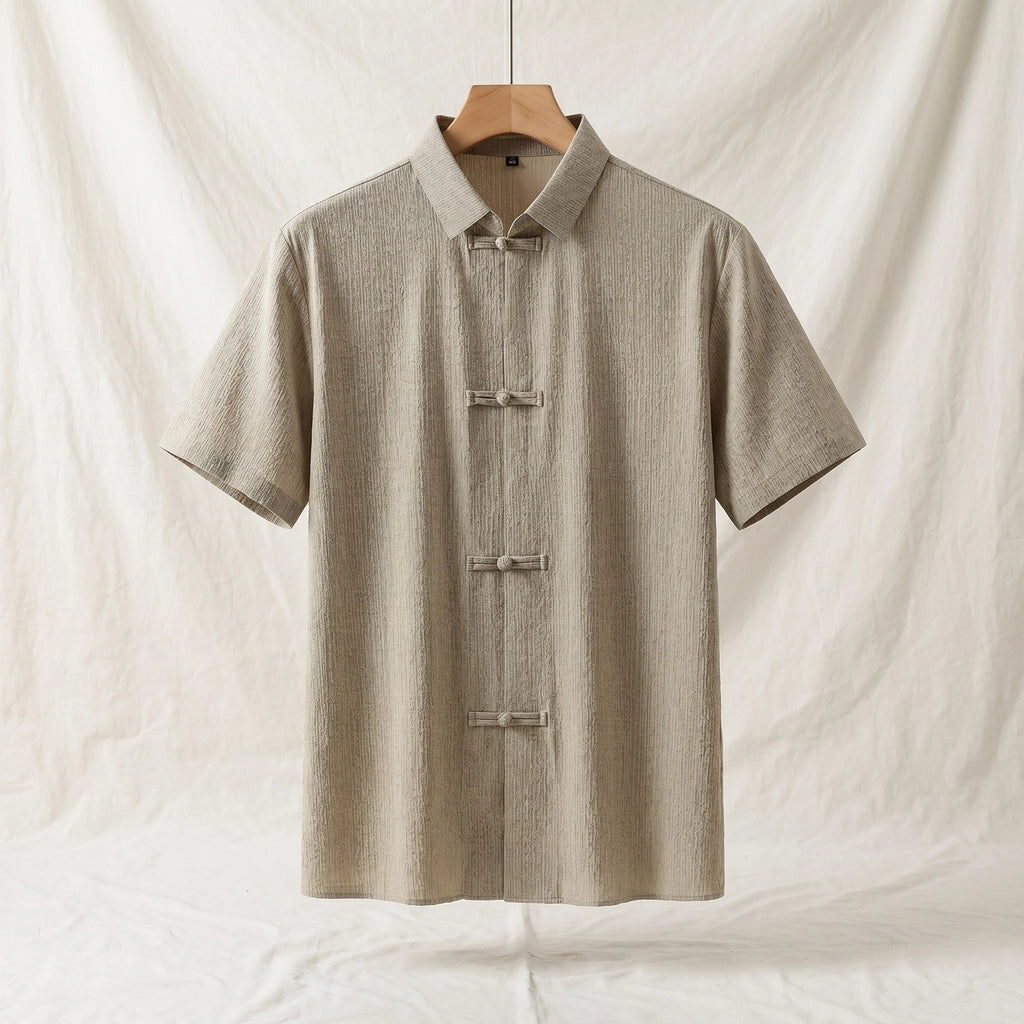 Ryō Linen Mandarin Shirt - Color:Beige;Size:L
