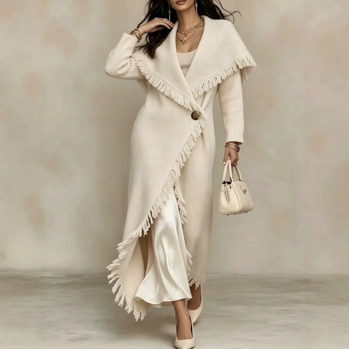 Samara | Women's Long Knitted Cardigan Coat - Beige