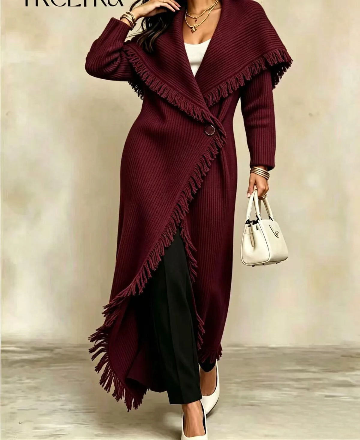Samara | Women's Long Knitted Cardigan Coat - Burgundy