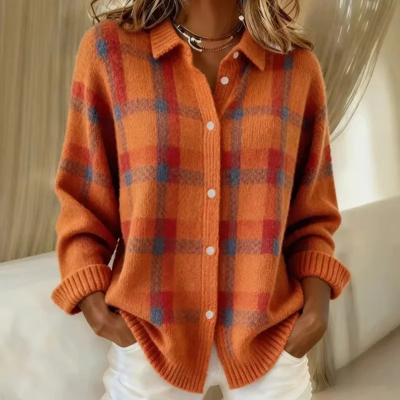 Sarah | Women's Knitted Cardigan Shirt - Color:Orange;Size:XS