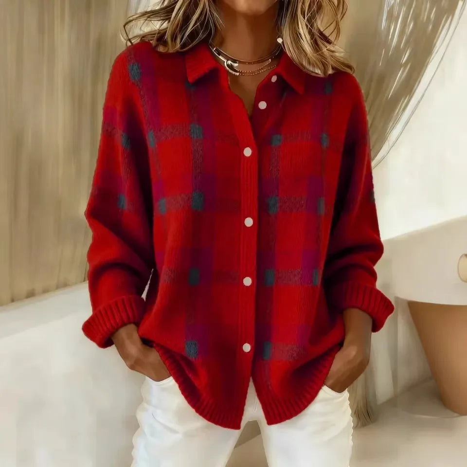 Sarah | Women's Knitted Cardigan Shirt - Color:Red;Size:XS