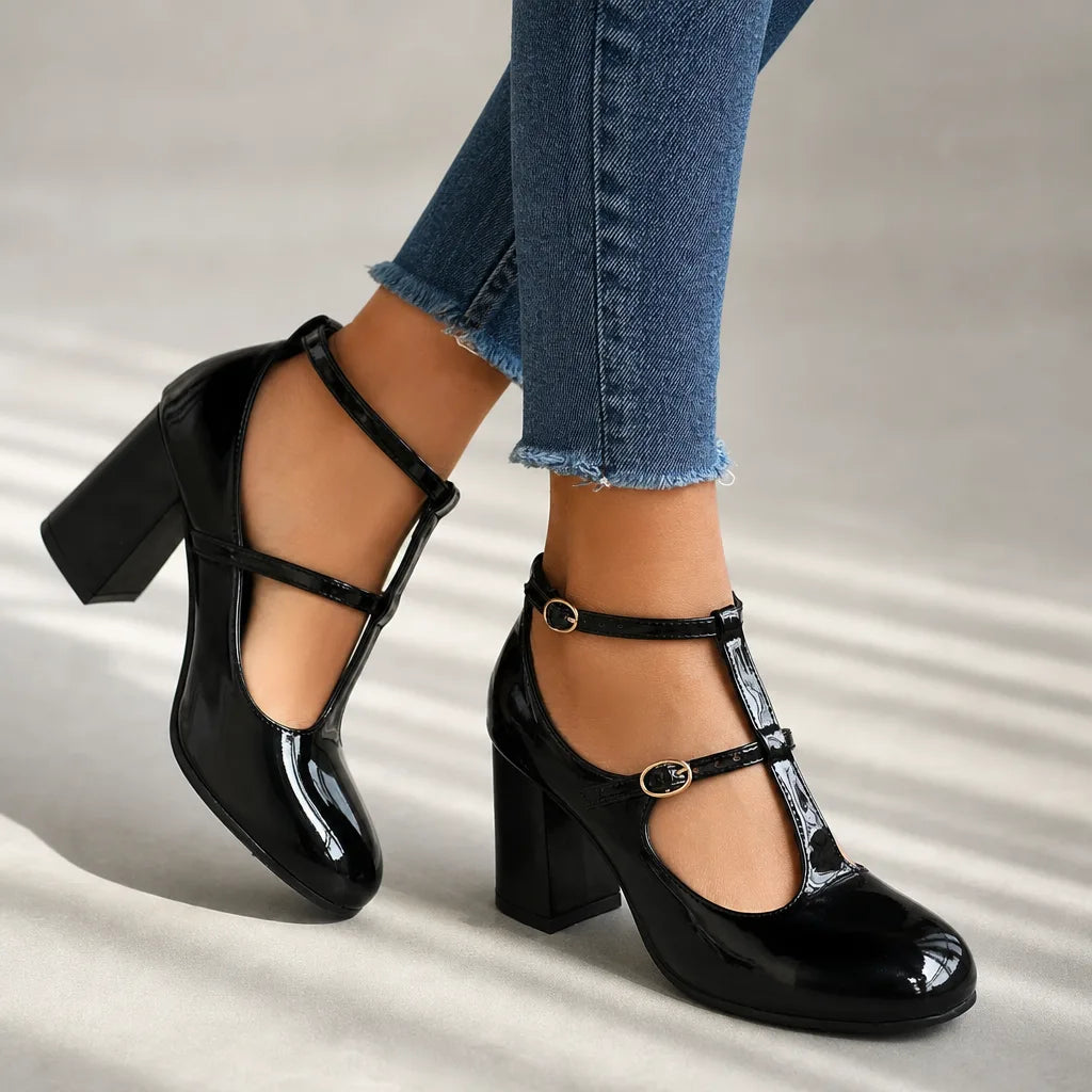 Sarah | Women's Orthopedic Ankle-Strap Mary Jane Heels - Color:Black;Size:37