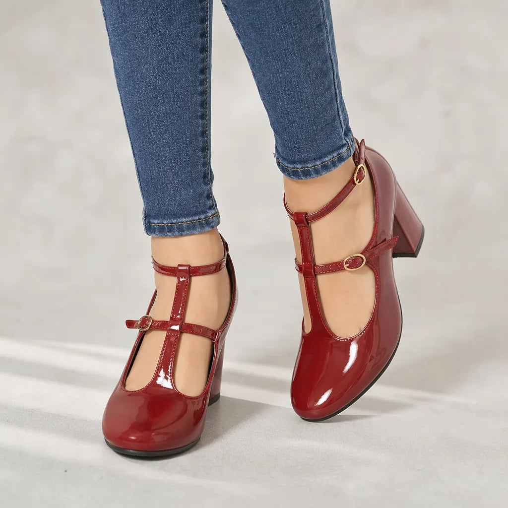 Sarah | Women's Orthopedic Ankle-Strap Mary Jane Heels - Color:Burgundy;Size:37