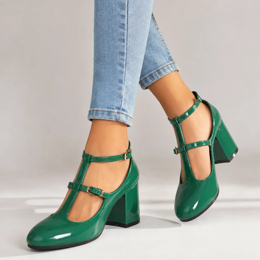 Sarah | Women's Orthopedic Ankle-Strap Mary Jane Heels - Color:Green;Size:37