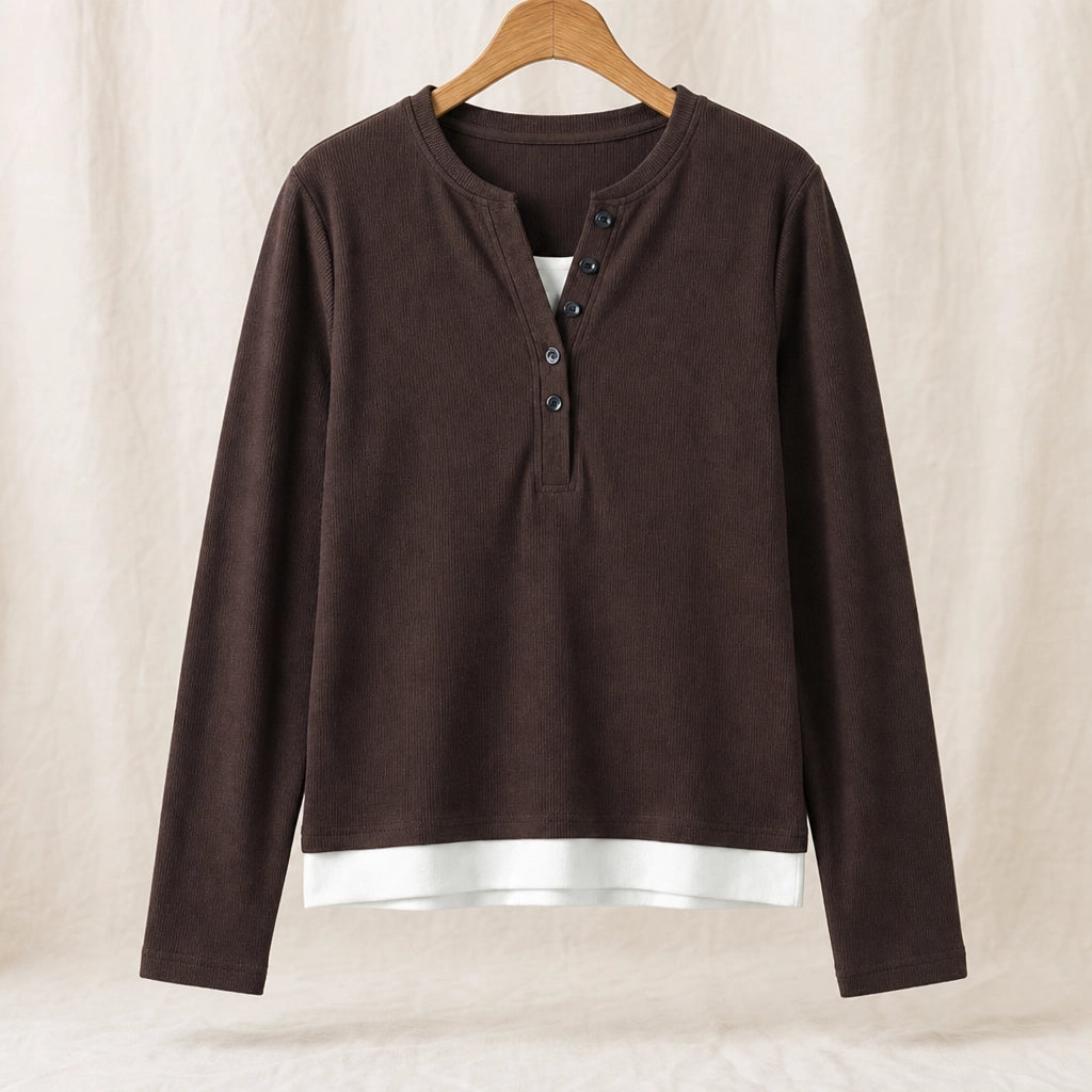 Selena Layered Long Sleeve - Color:Brown;Size:S