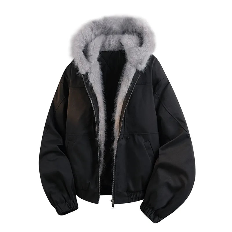 Shelby Meadows | Women's Faux Fur Hooded Bomber Coat - Color:Black;Size:XS
