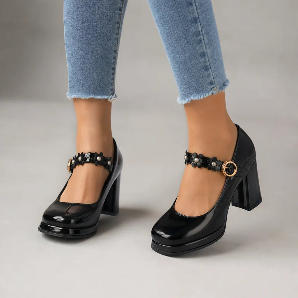 Shelby | Women's Orthopedic Floral Mary Jane Heels  - Color:Black;Size:35