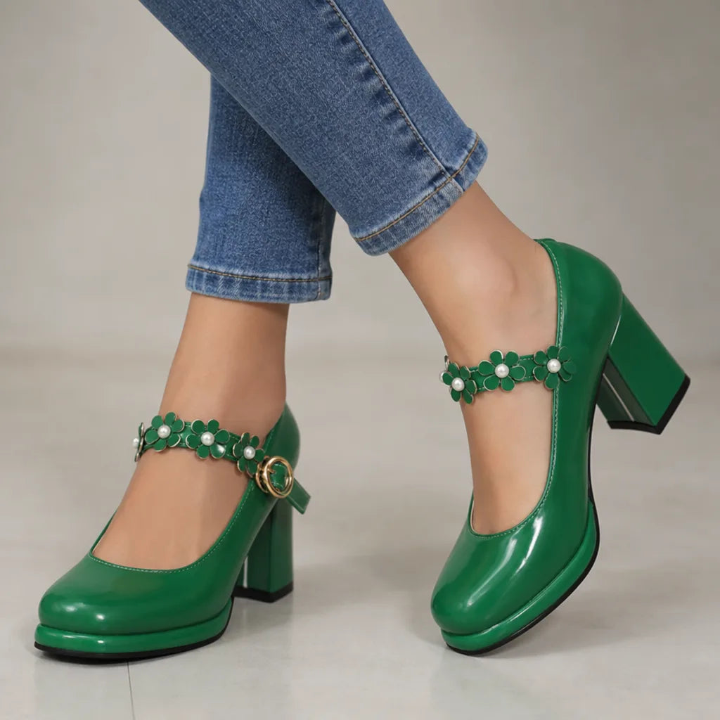 Shelby | Women's Orthopedic Floral Mary Jane Heels  - Color:Green;Size:35