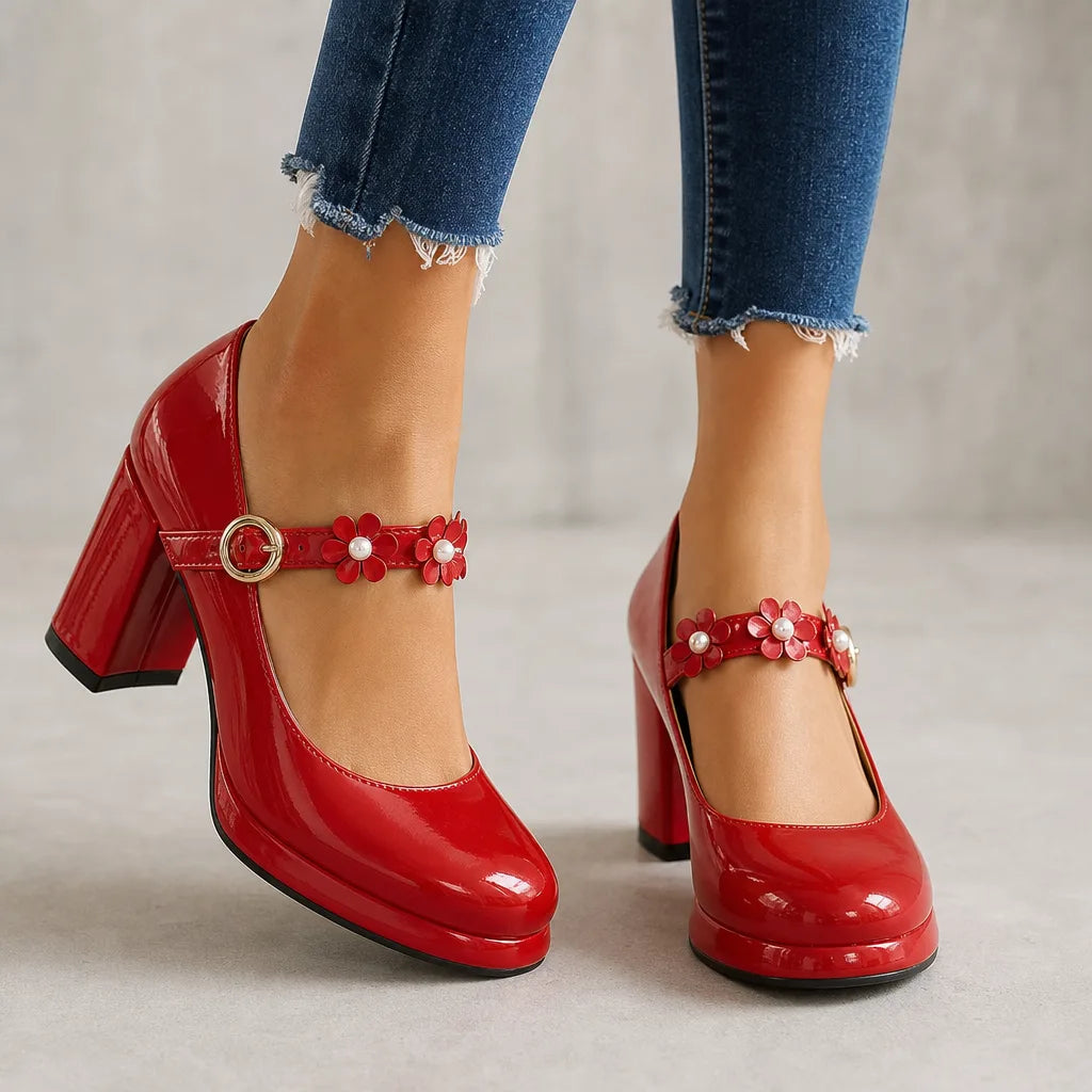 Shelby | Women's Orthopedic Floral Mary Jane Heels  - Color:Red;Size:35