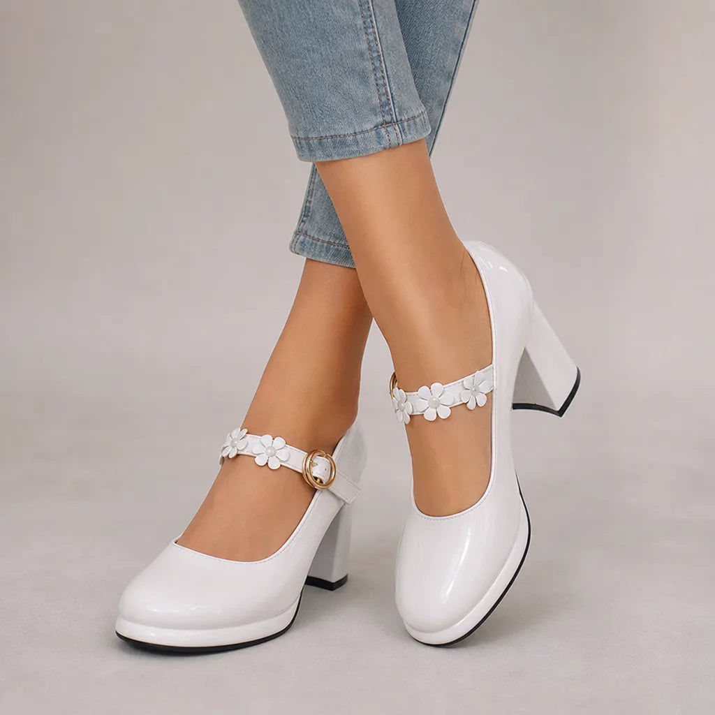 Shelby | Women's Orthopedic Floral Mary Jane Heels  - Color:White;Size:35