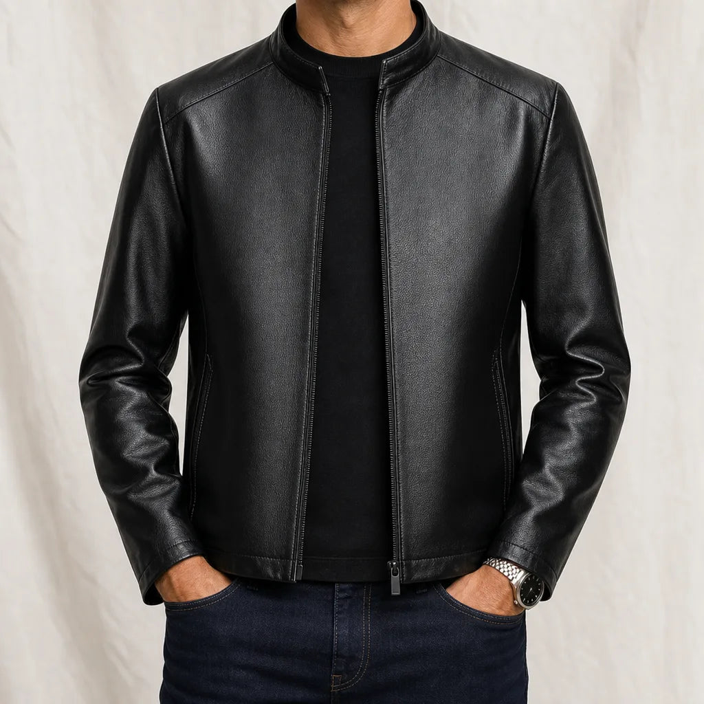 Simon Stand Collar Leather Jacket - Color:Black;Size:S
