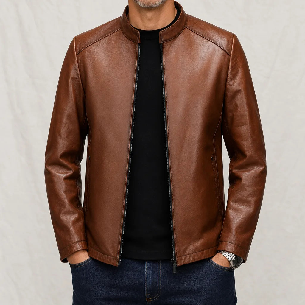 Simon Stand Collar Leather Jacket - Color:Brown;Size:S