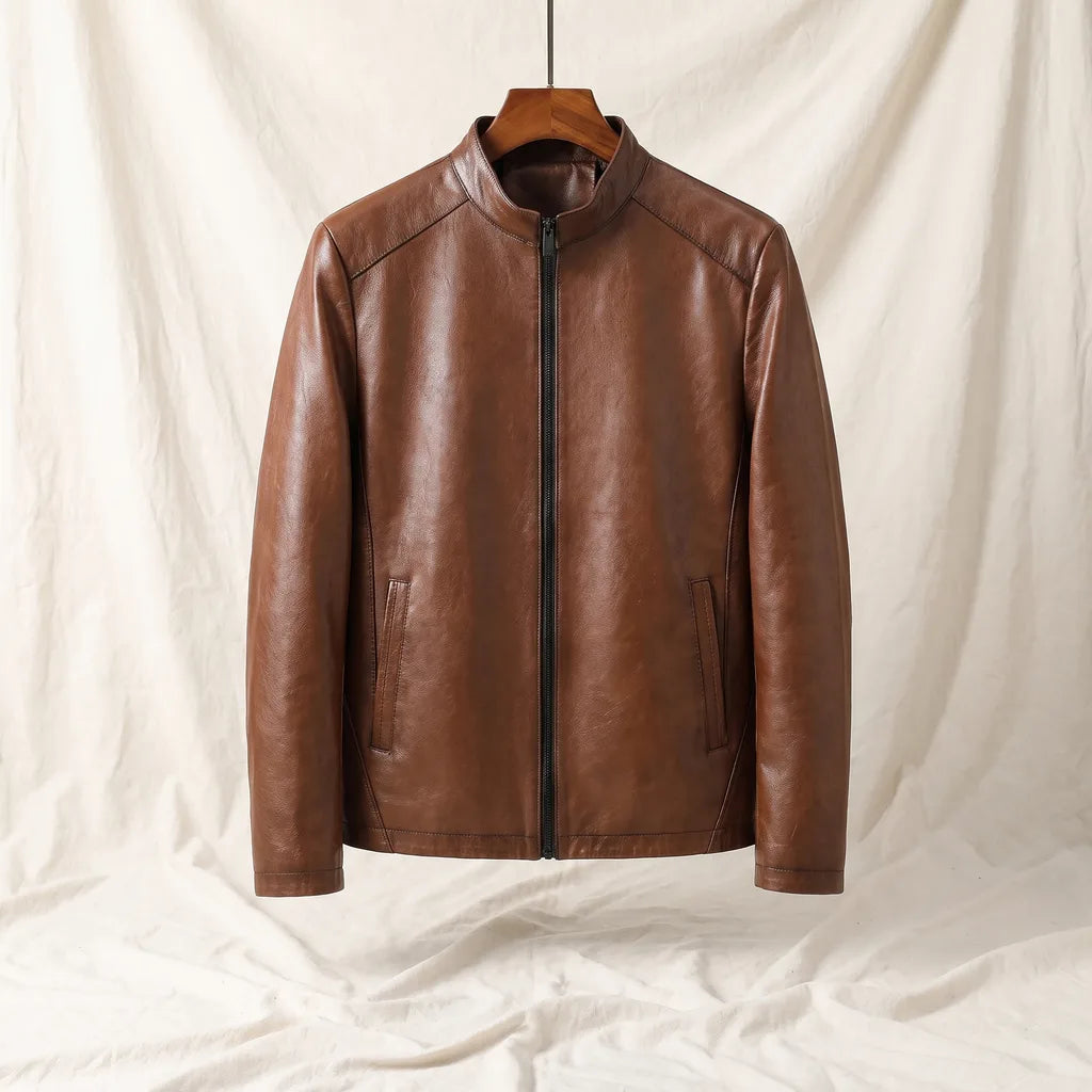 Men's Brown Susannah Stand Collar Leather Jacket
