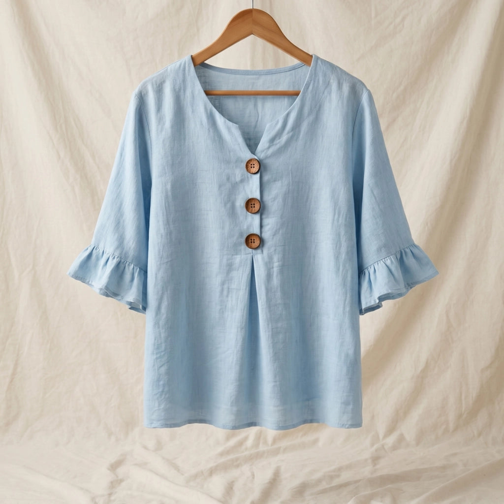 Jannet Cotton Linen V-Neck Top - Color:Sky Blue;Size:XS