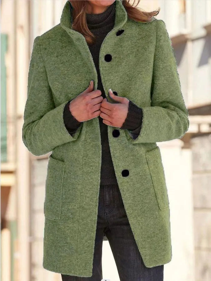 Sloane | Women's Buttoned Stand-Collar Wool-blend Coat - Size:XS;Color:Bean Green