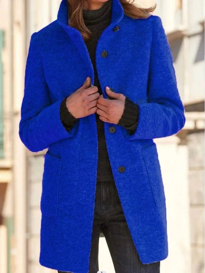 Sloane | Women's Buttoned Stand-Collar Wool-blend Coat - Size:XS;Color:Dark Blue
