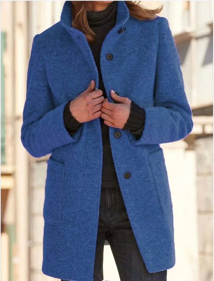 Sloane | Women's Buttoned Stand-Collar Wool-blend Coat - Size:XS;Color:Denim Blue
