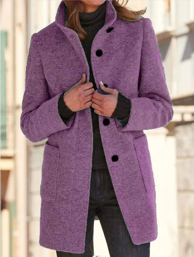 Sloane | Women's Buttoned Stand-Collar Wool-blend Coat - Size:XS;Color:Light Purple