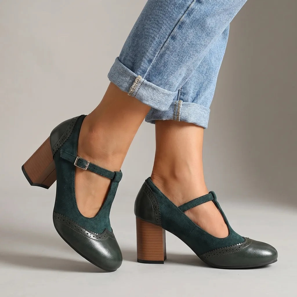 Sophy Velvet Mary Jane Heels - Color:Green;Size:35