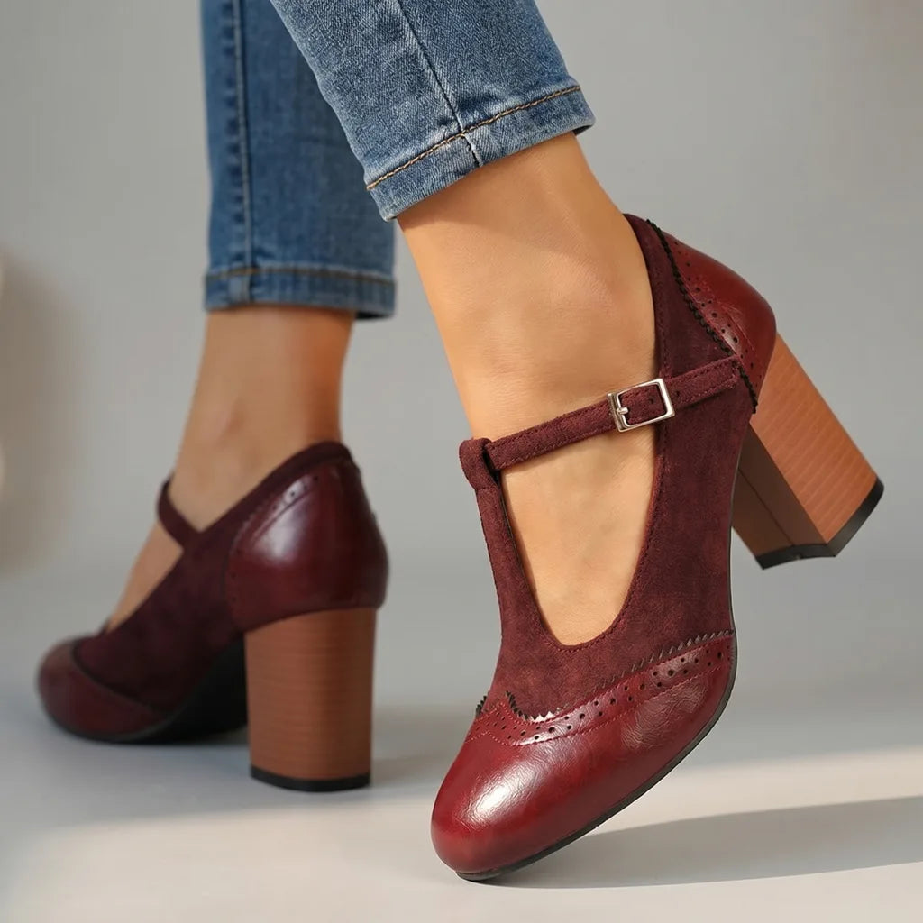 Sophy Velvet Mary Jane Heels - Color:Wine Red;Size:35