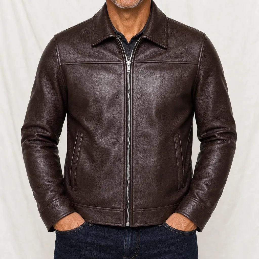Stirling Slim Leather Jacket - Color:Brown;Size:XS
