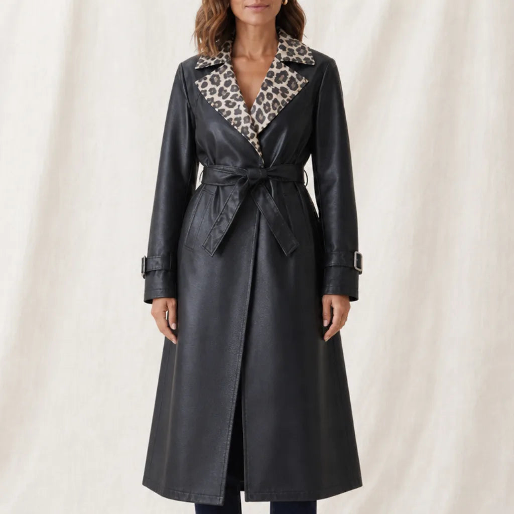 Sylvia Leopard Trench Coat - Color:Black;Size:S