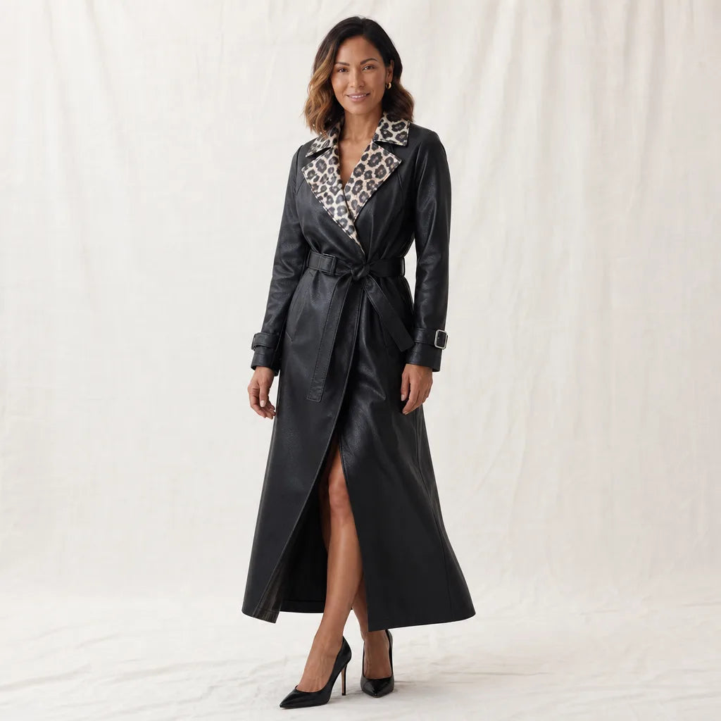 Women's Black Sylvia Leopard Trench Coat