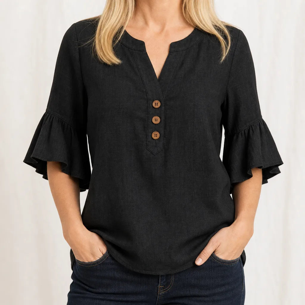 Tabitha | Women's Ruffle Blouse - Color:Black;Size:XS