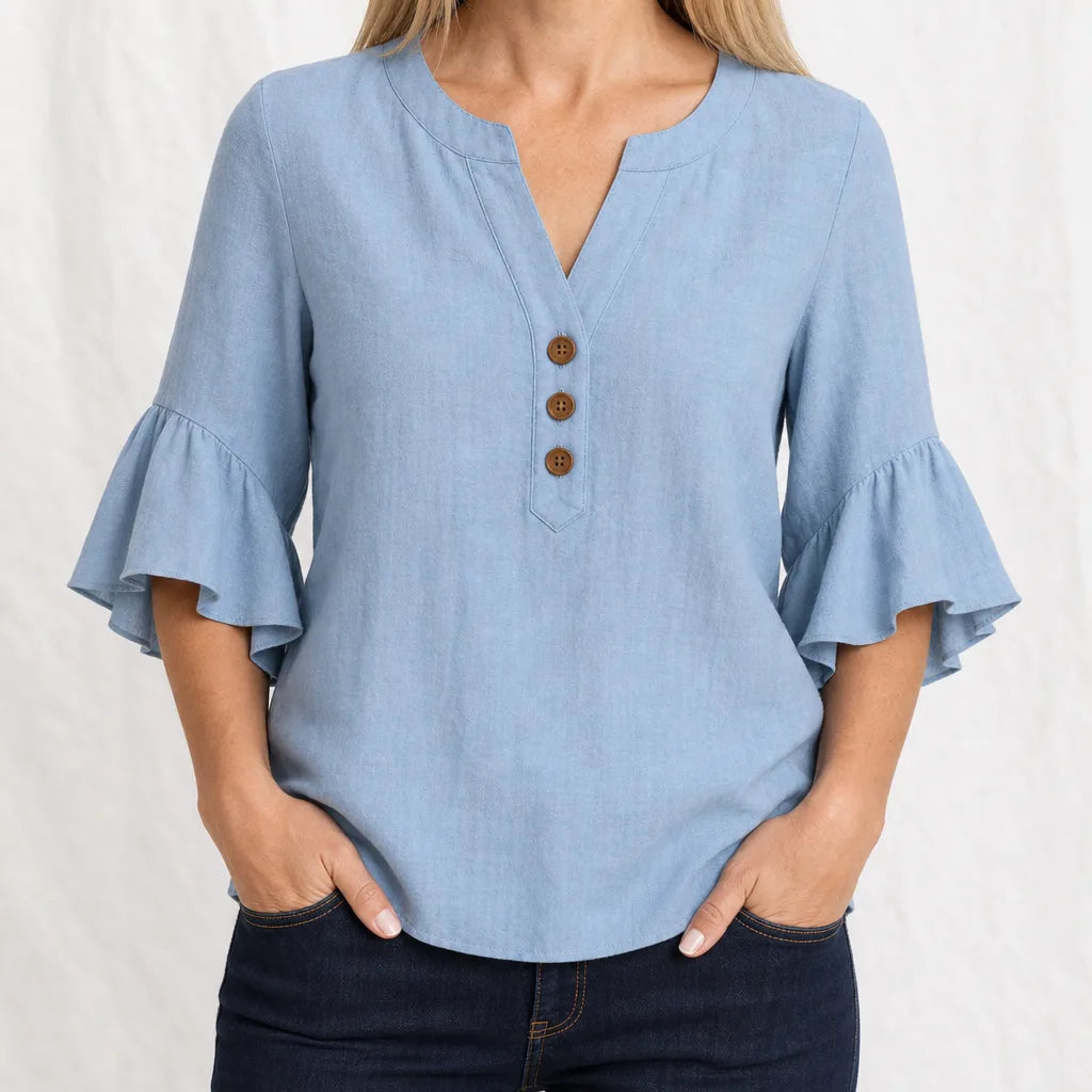 Tabitha | Women's Ruffle Blouse - Color:Blue;Size:XS