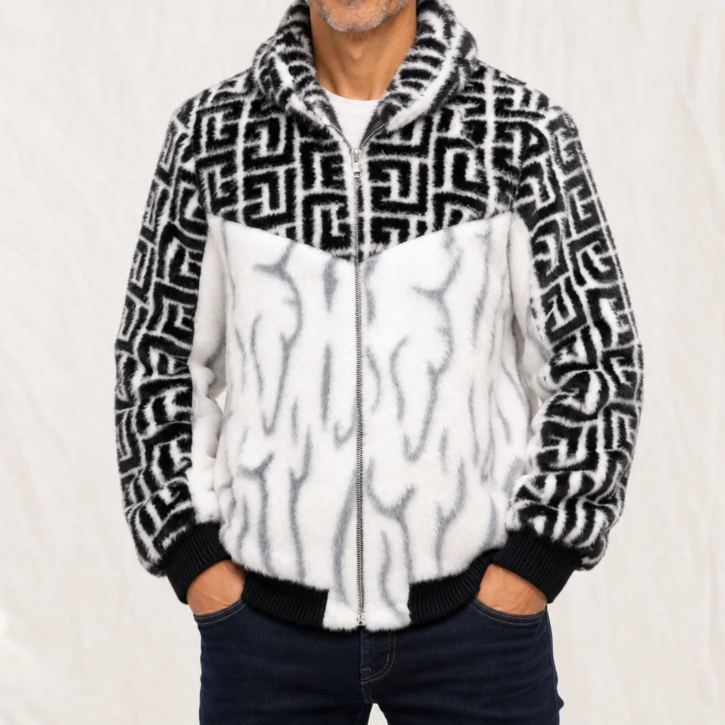 Tate | Men's Prestige Hooded Fur Jacket  - Color:Leopard White;Size:XS