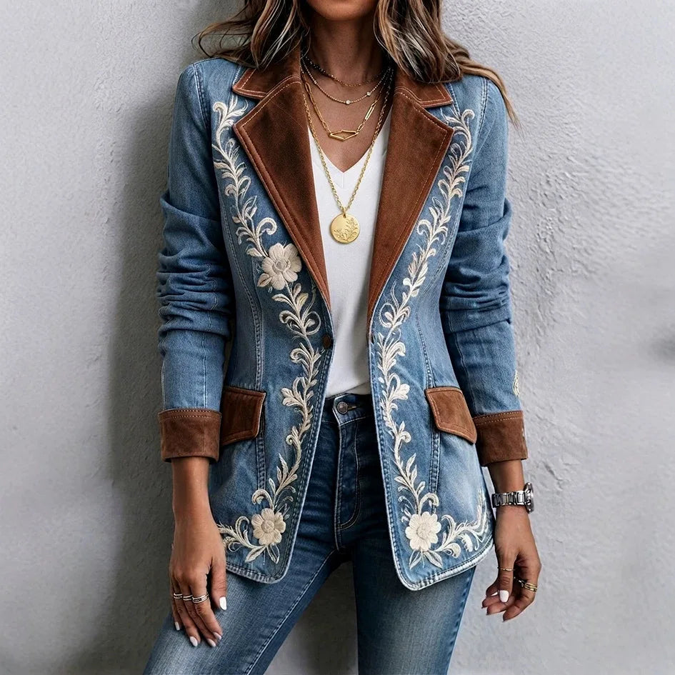Taylor | Women's Embroidered Suede-Lapel Denim Jacket - Blue