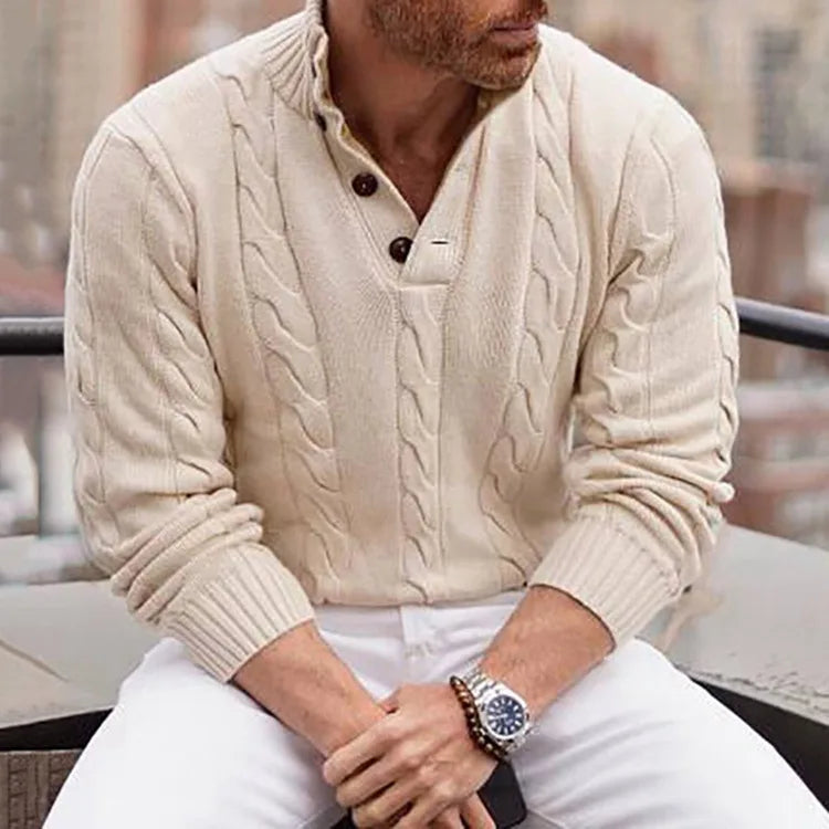 Tennyson | Men's Cable-Knit Henley Jumper - Color:Apricot;Size:S