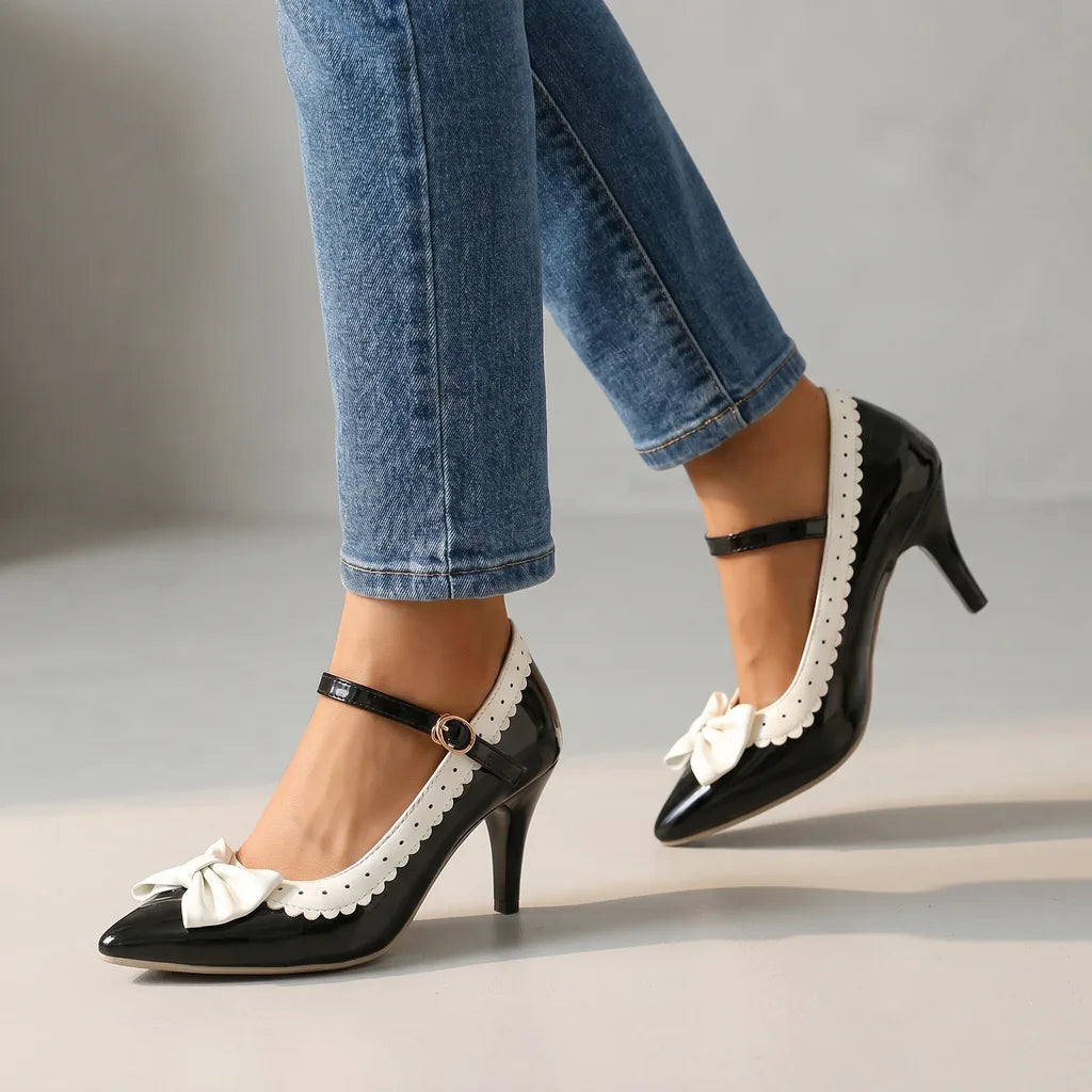 Tina Bow Strap Pumps - Color:Black;Size:35