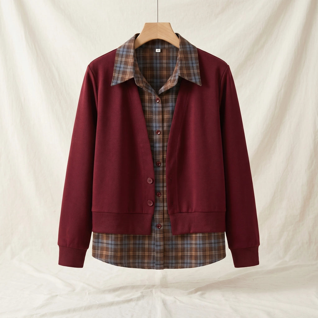 Valerie Checkered Layered Top - Color:Wine Red;Size:L