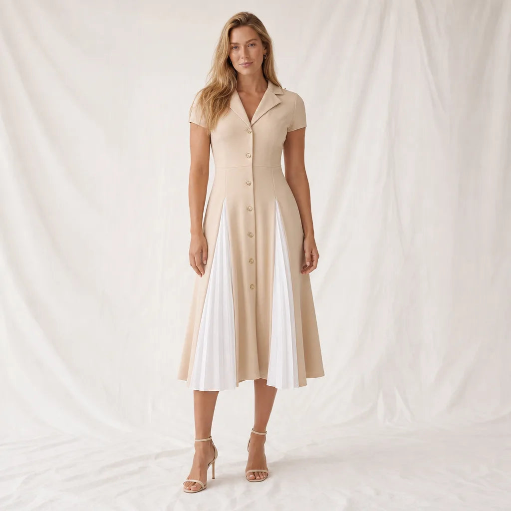 VanAmelia Colorblock Collared Dress - Color:Beige;Size:XS