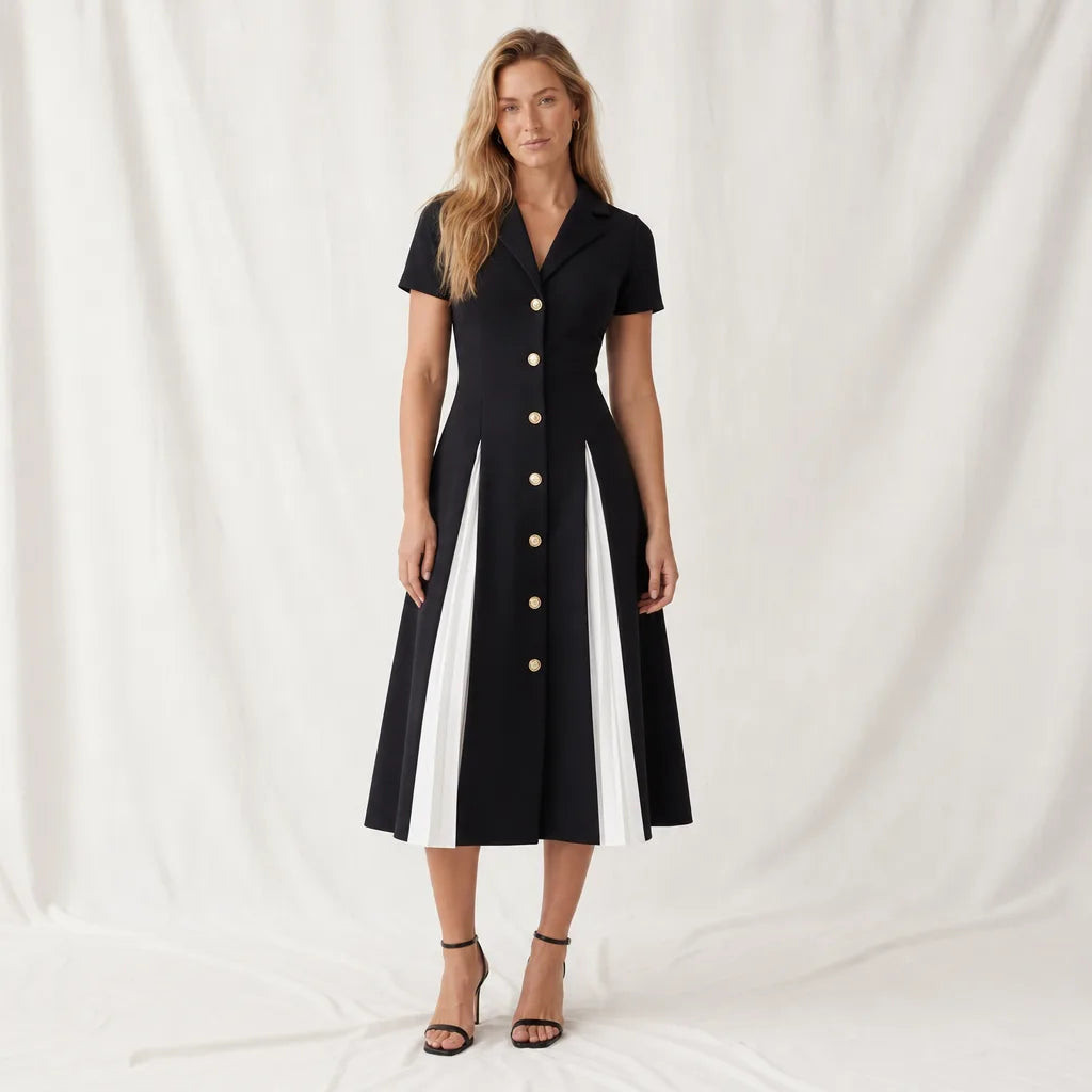 VanAmelia Colorblock Collared Dress - Color:Black;Size:XS