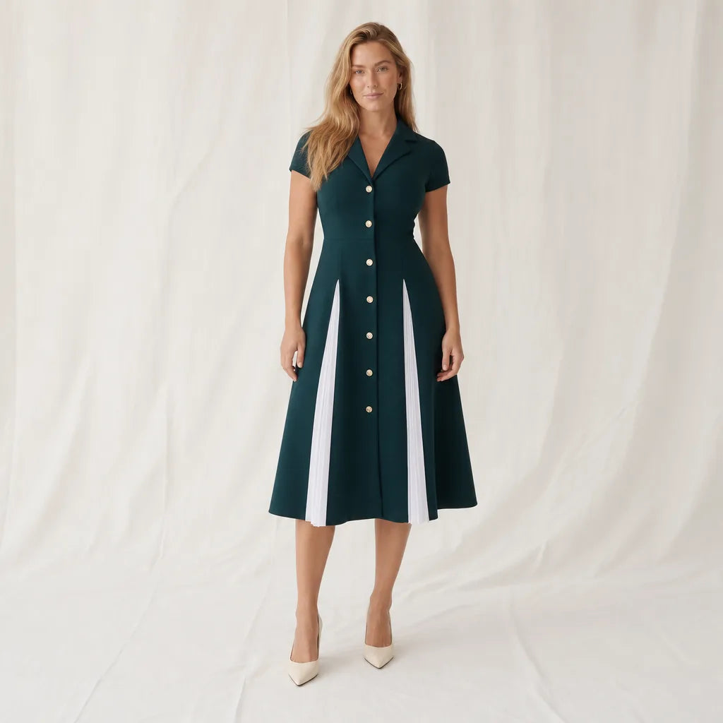 VanAmelia Colorblock Collared Dress - Color:Green;Size:XS