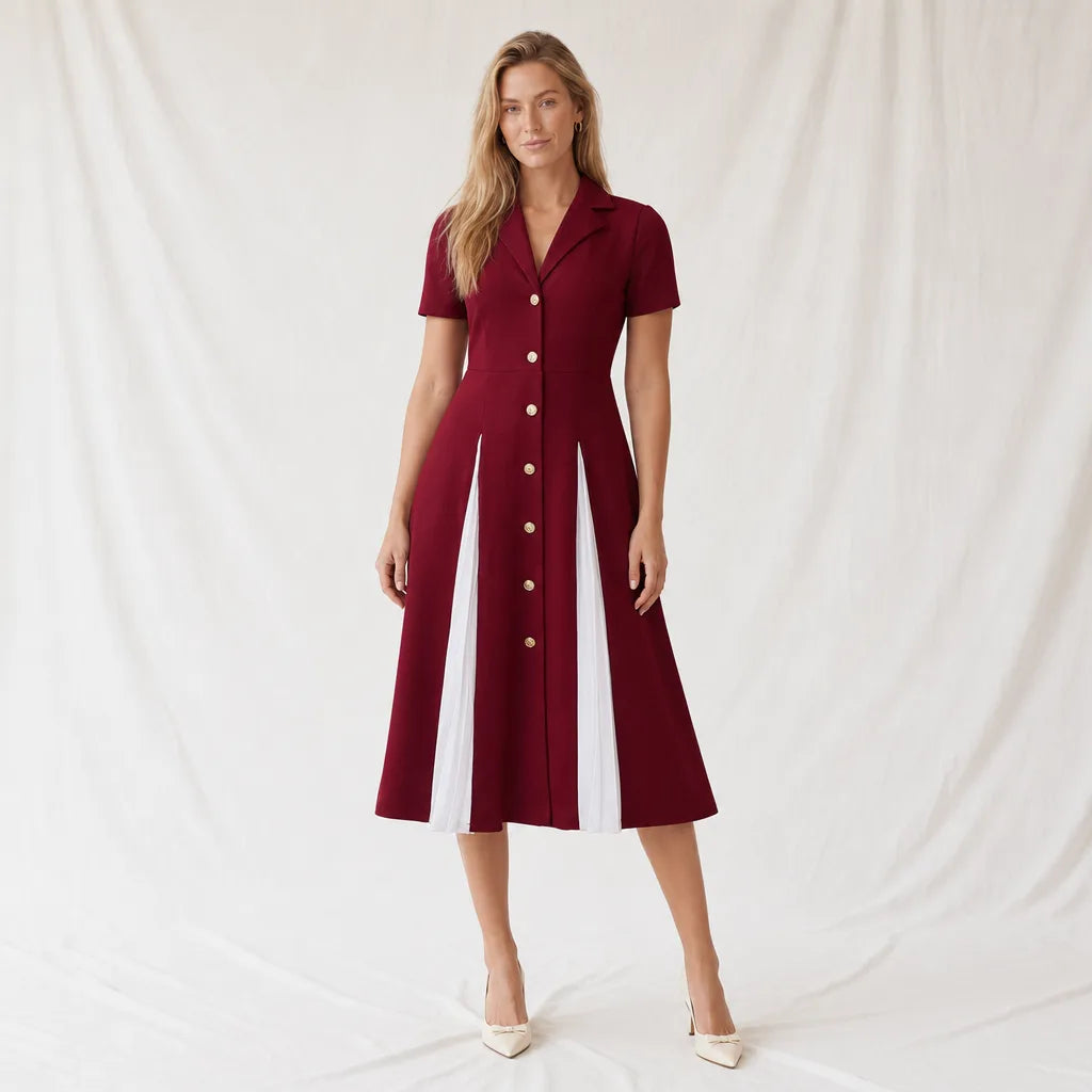 VanAmelia Colorblock Collared Dress - Color:Red;Size:XS