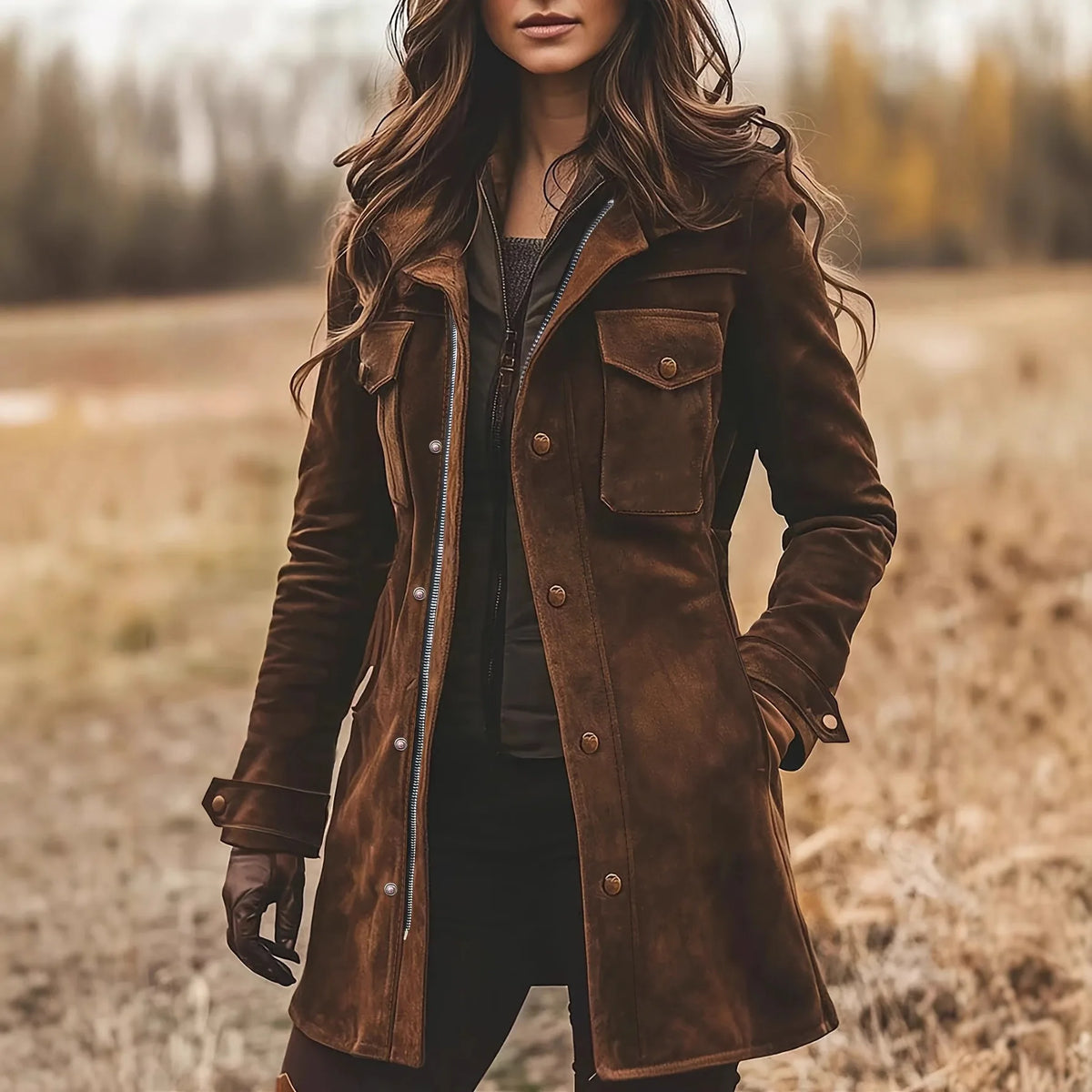 Vanessa | Women's Longline Suede Winter Coat - Brown