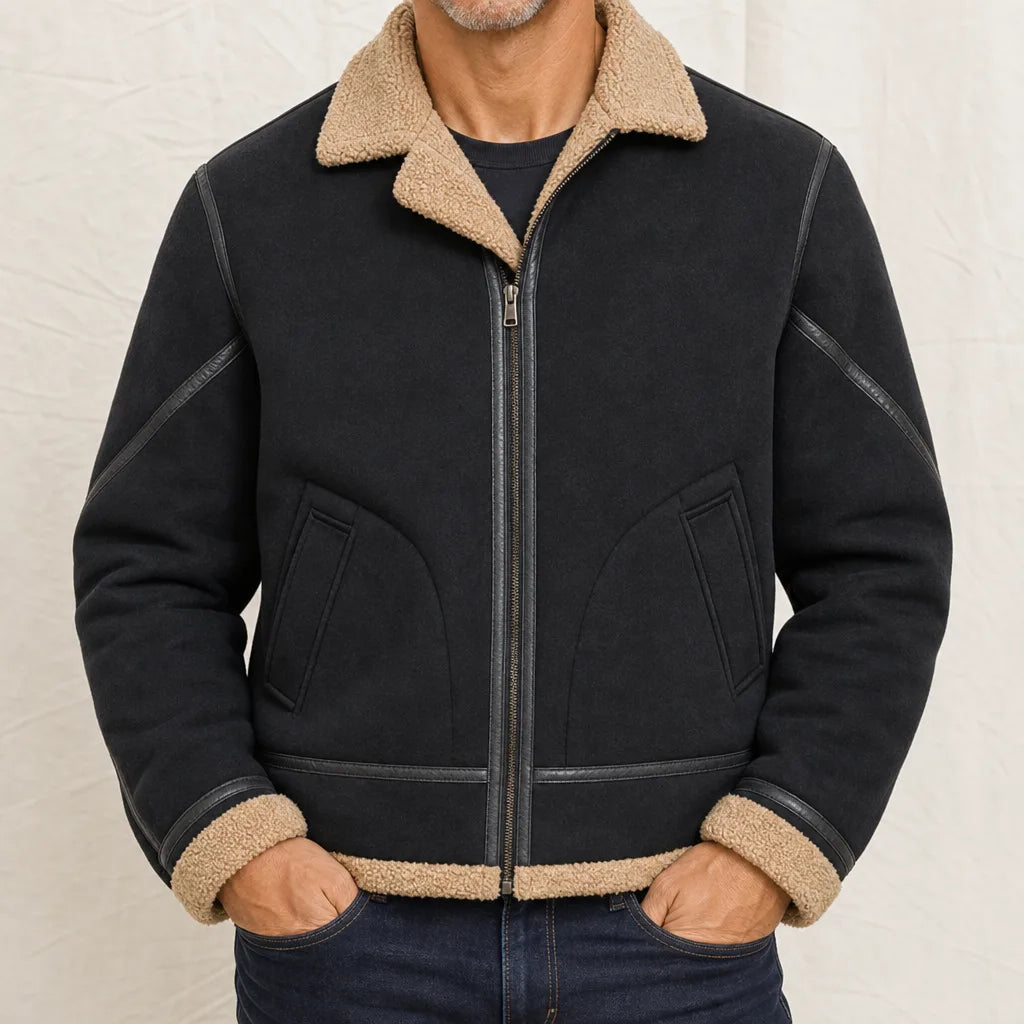 Vaughn | Men's Sherpa Lined Bomber Jacket  - Color:Black;Size:S