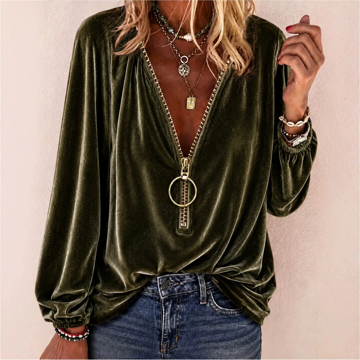 Victoria | Women's V Neck Velvet Blouse - Color:Green;Size:XS